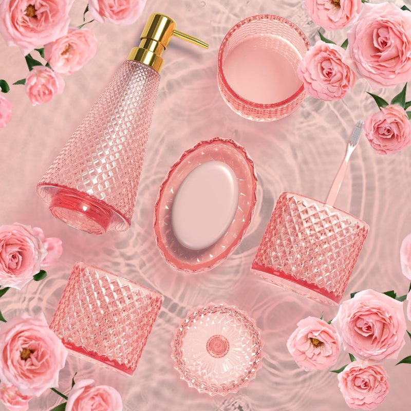 QIQU Pink Bathroom Accessories Set  5 Pcs Premium Glass Bathroom Accessory Set with Vanity Organizer  Lotion Dispenser  Soap Dish  Bathroom Tumbler  Cotton Swab Jars - Image 4